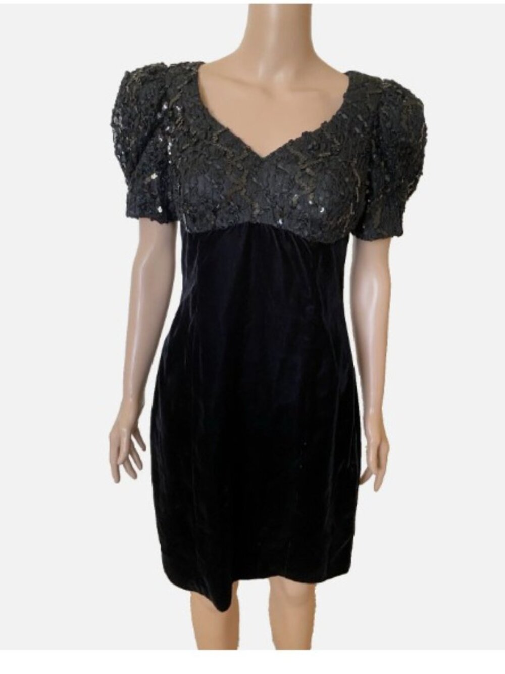 AMANDA TAYLOR VINTAGE Black Velvet Sequin Puff Sleeves Dress 10 Excellent